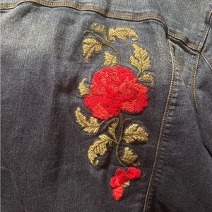 Vintage America Blue Jean Jacket with Red Floral Embroidery